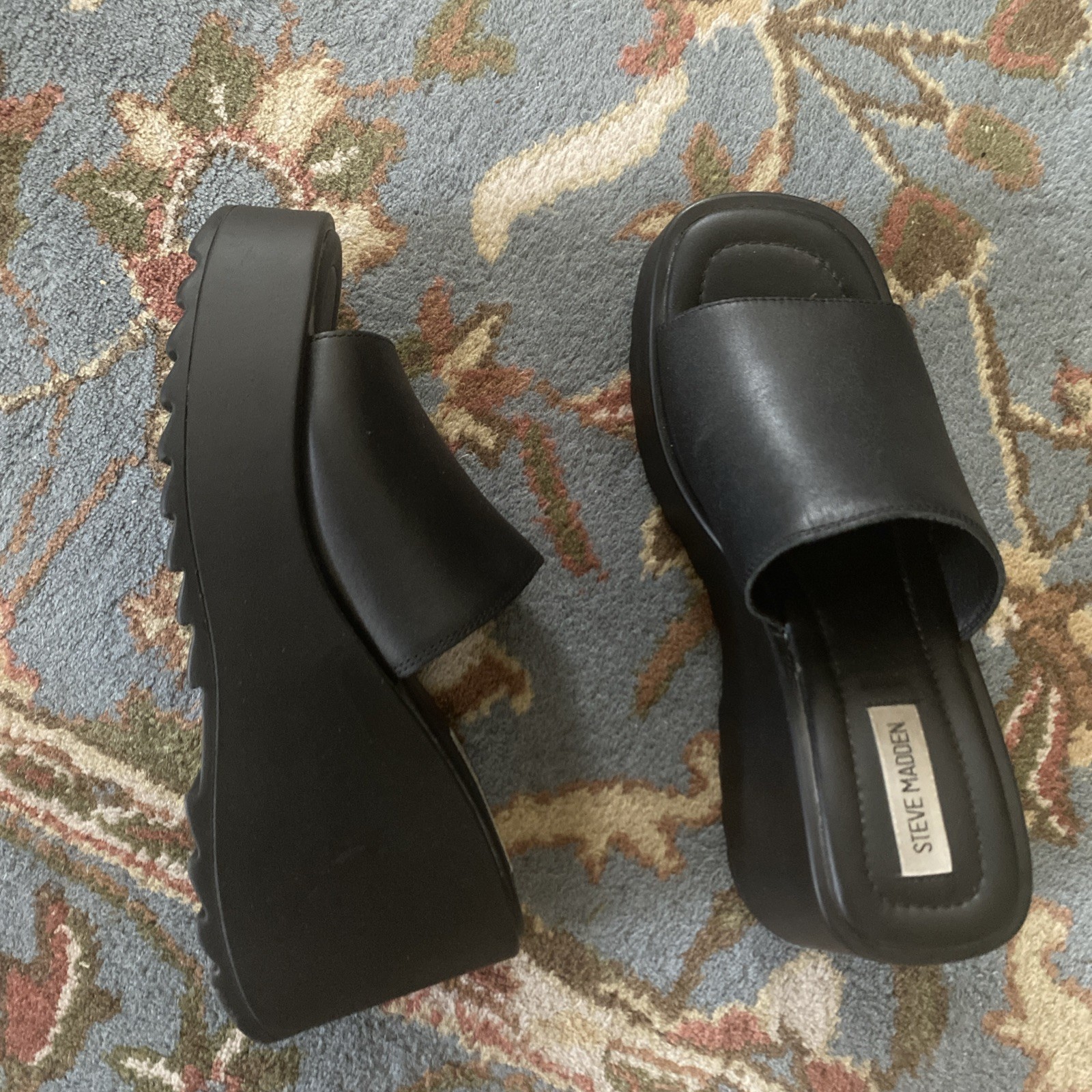 Steve Madden Black Leather Platform Wedge Slide Sandals Womens Size 9