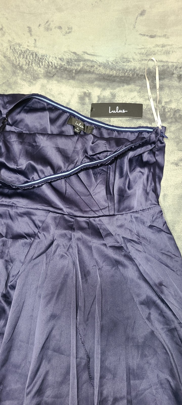 Lulus Women’s Blue Satin one shoulder Wrap Maxi Dress XL Asymmetric Ruffle Zip