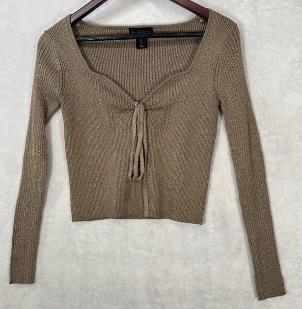 House of Harlow 1960 Brown Rib-Knit Square Neck Tie-Front Pullover Sweater M