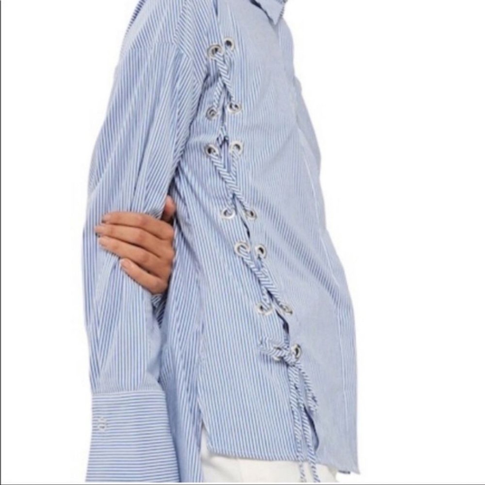 TOPSHOP Striped Button Down Blouse Lace up Sides Size 10