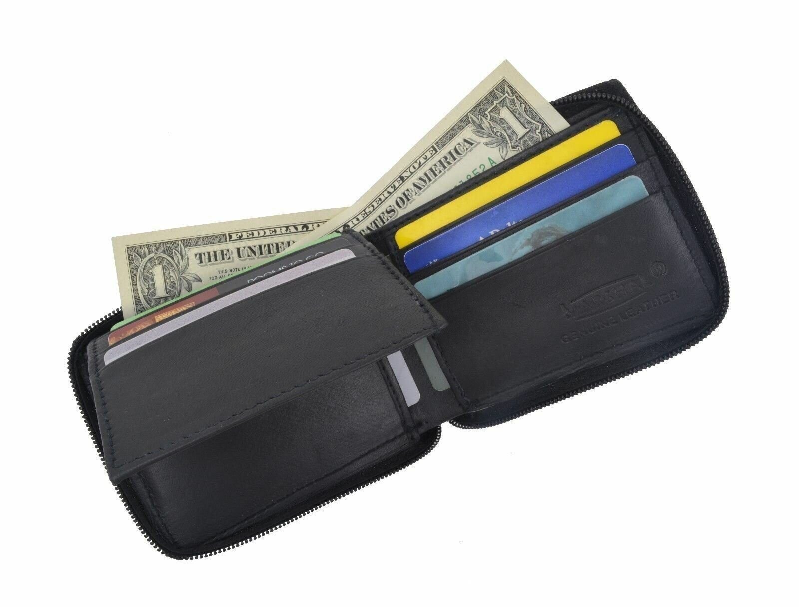 Men’s Genuine Leather Zipper Zip-Around Organizer Bifold Wallet Black Brown Tan!