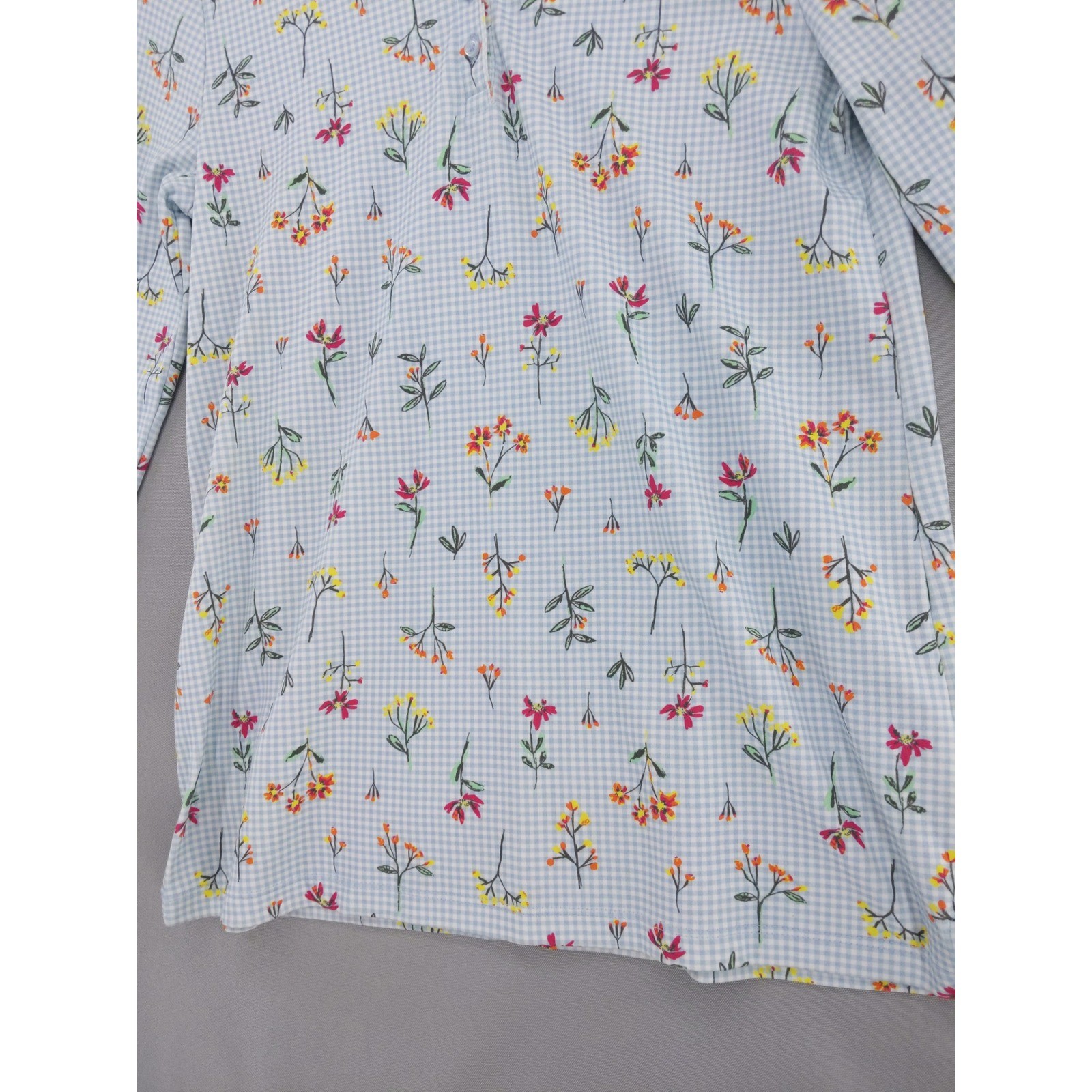 Lands’ End Polo Shirt Womens S Blue Floral Gingham 3/4 Sleeve Cotton Blend
