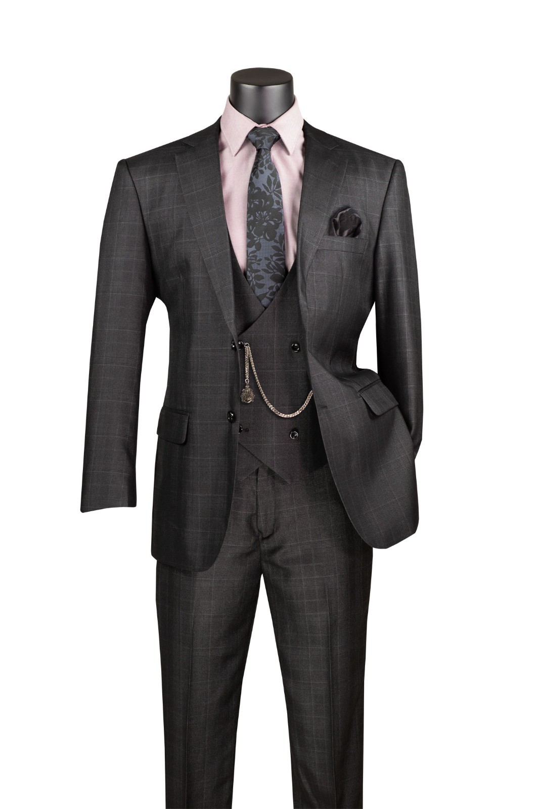 Vinci Men’s Regular Fit Glen Plaid 2-Button 3-Piece Suit Black