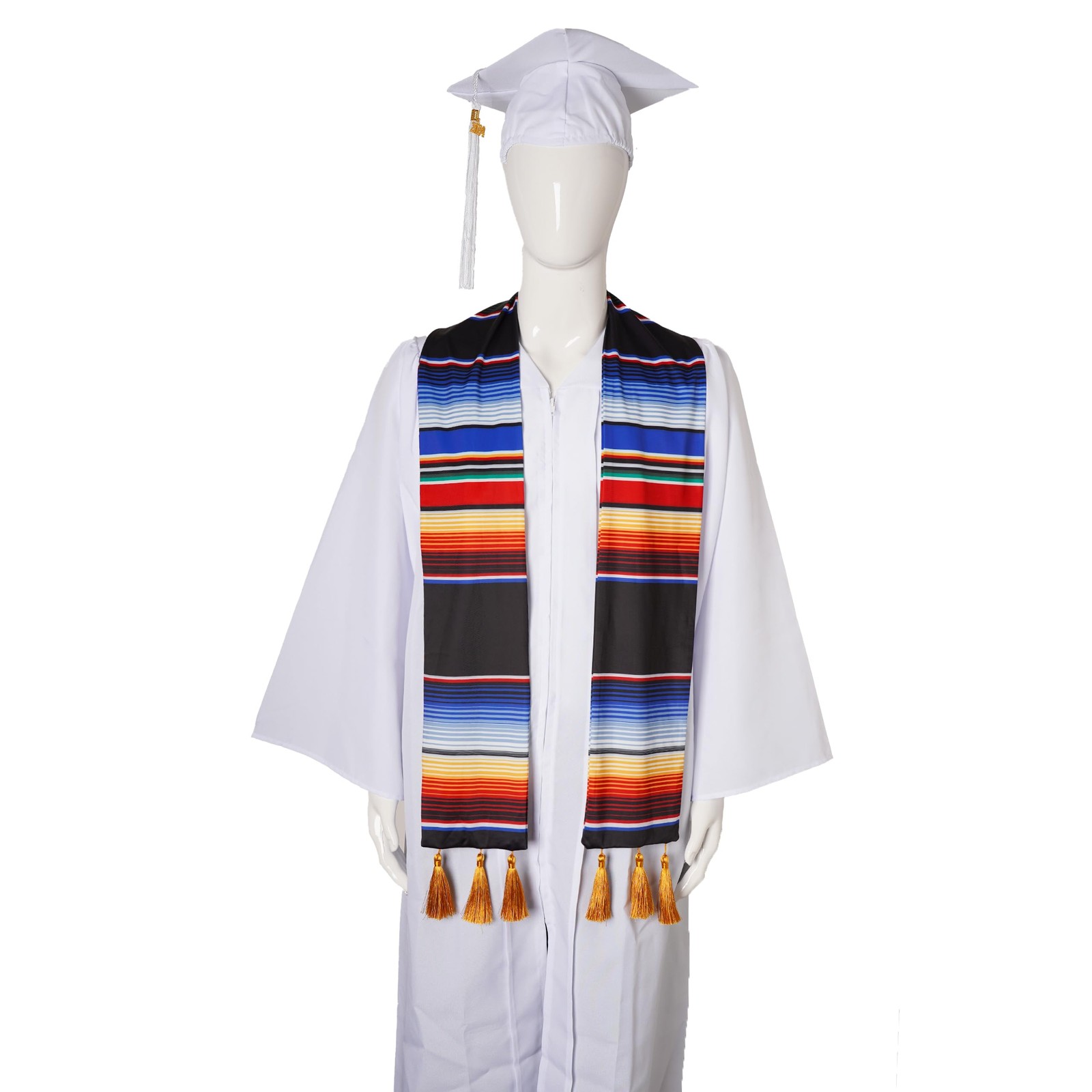 Mexican Graduation Sash With Flag and Flowers Mexico Serape Stole Medium Blue