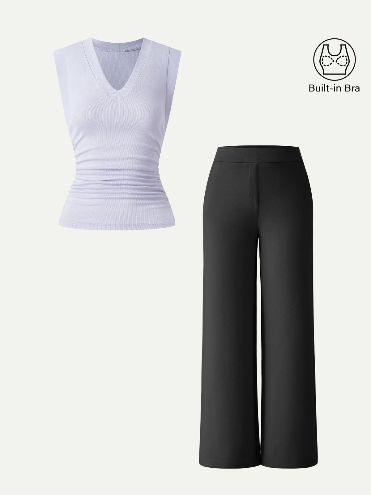 2Pcs Set V-neck Bra Top & Mid Rise Straight Pant with Pockets-OGLmove|118912