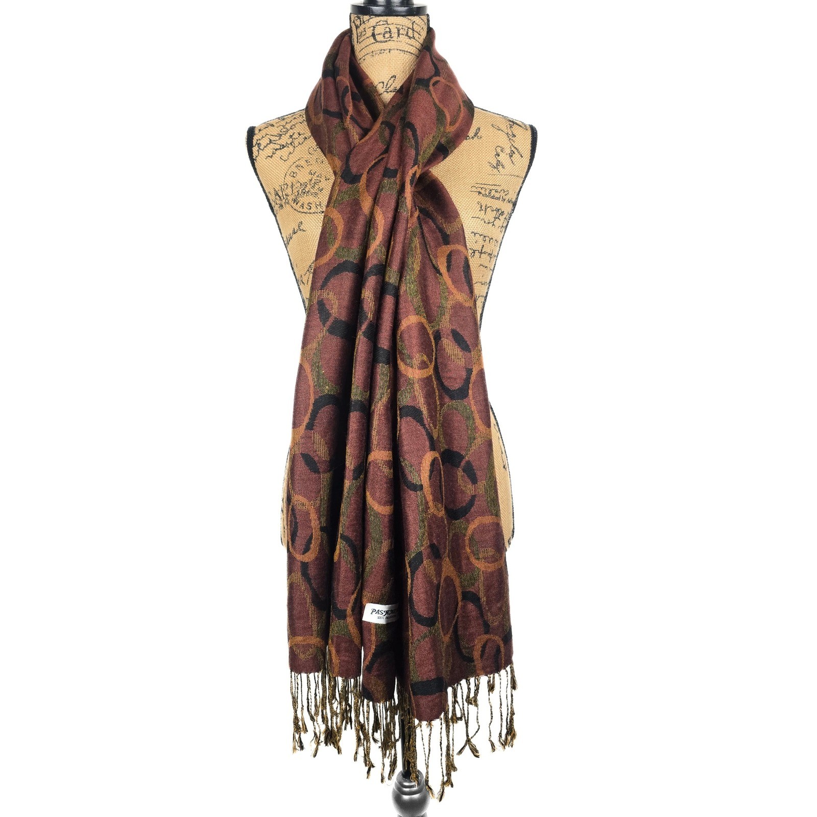 Pashmina 100% Pashmina Scarf Wrap Burgundy Copper Geometric Circle Fringe Shawl