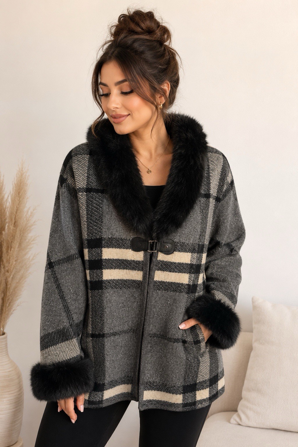 Women’s Gray Plaid Mid-Length Coat Faux Fur Trim Toggle Pockets Size L/XL