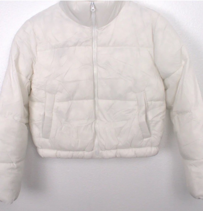 Ambiance Women’s Solid White Cropped Athletic Trendy Mock Neck Puffer Jacket
