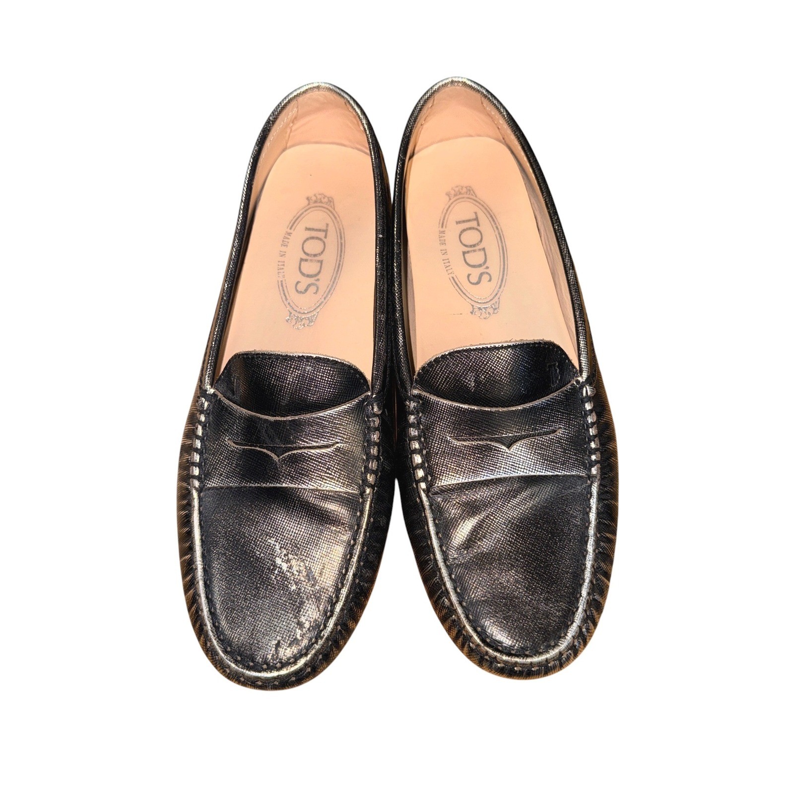 Tod’s Penny Loafers Womens 7 / 37.5 Pre-Owned Moccasins Metallic Gunmetal Drive