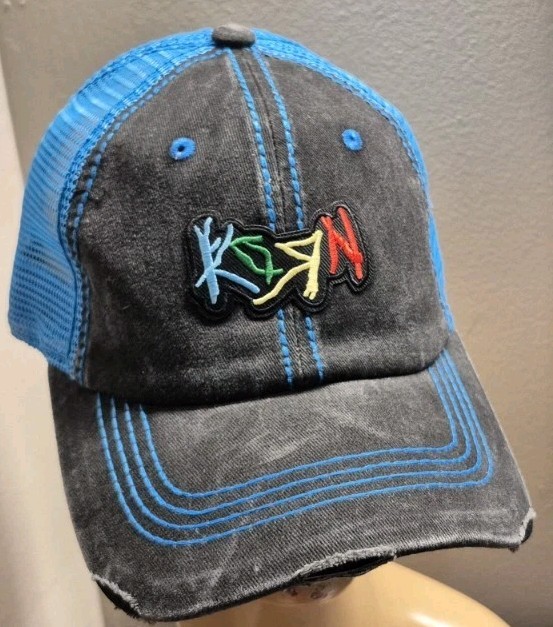Korn Hat Distressed Ball Cap Hat Black & Neon Blue Mesh Hat