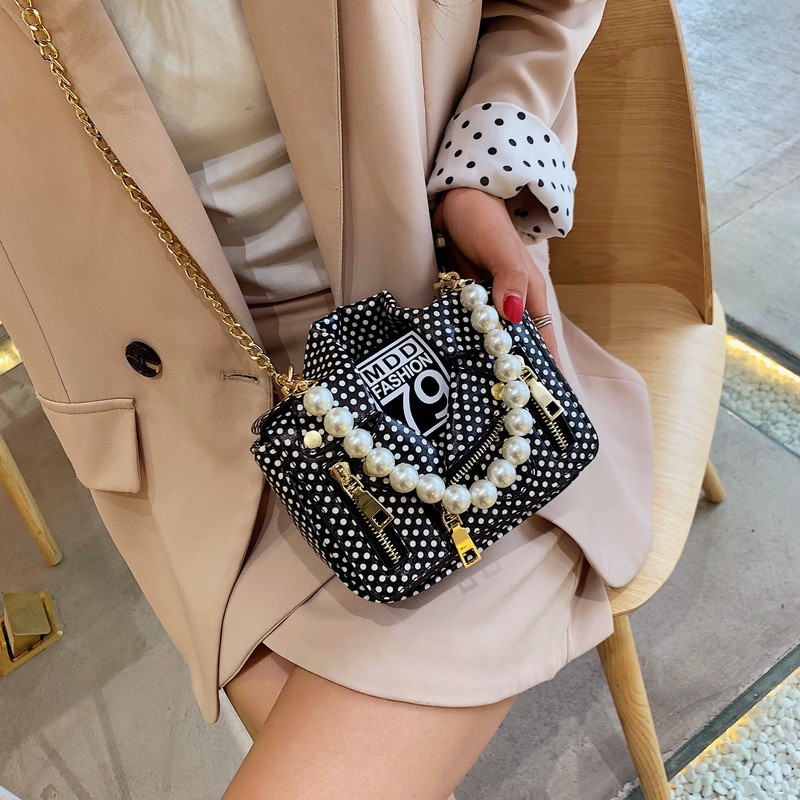 Novelty Jacket Shaped Handbag Black Polka Dot Faux Leather Pearl Strap Purse
