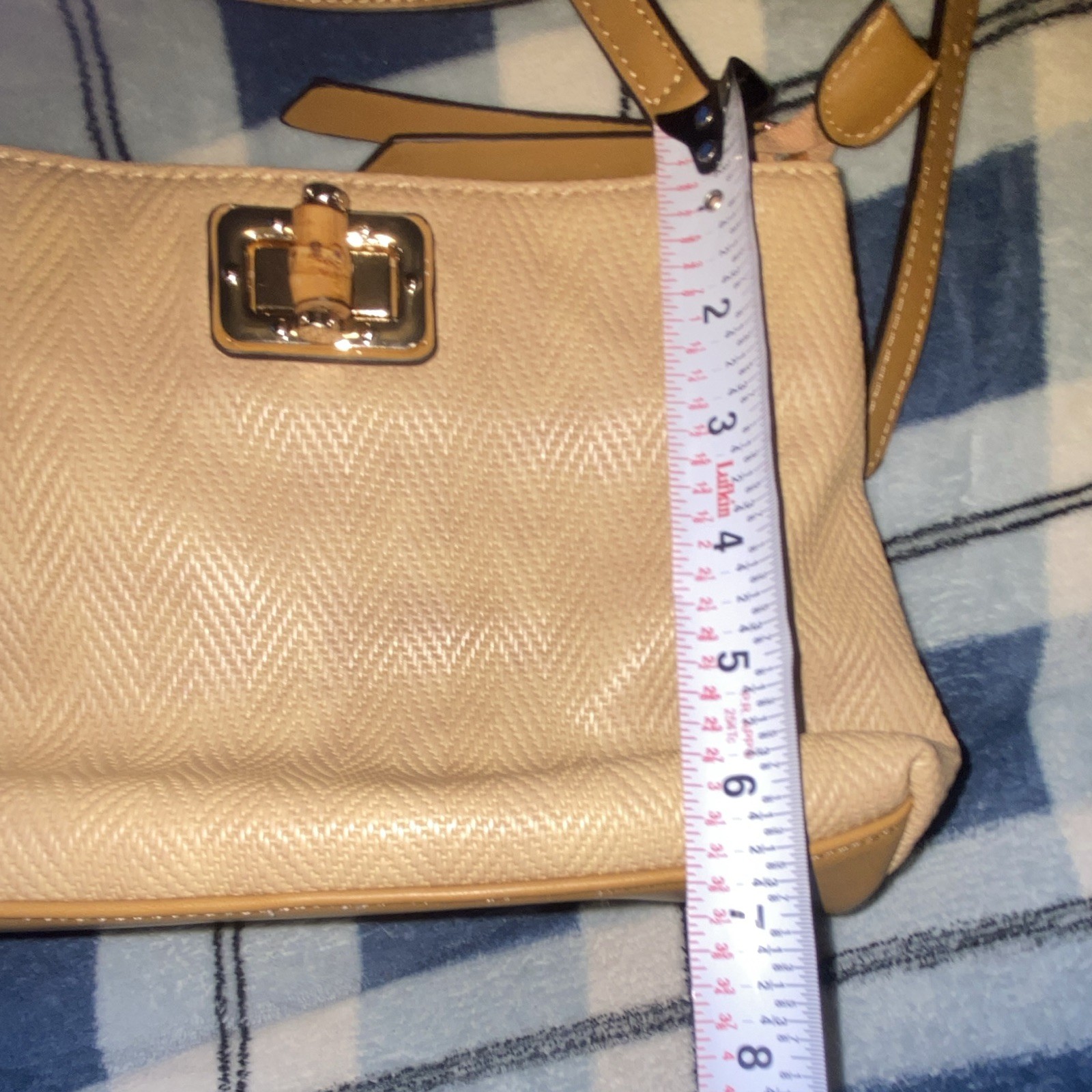 Sondra Roberts Beige/Tan Chevron Small Crossbody Zip/Mag Snap Adj Strap Silver