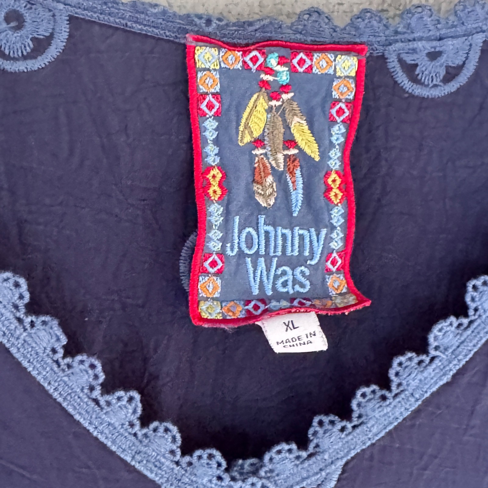 Johnny Was Navy Embroidered Tunic Dress XL Cupra Rayon Lace Trim Boho Floral