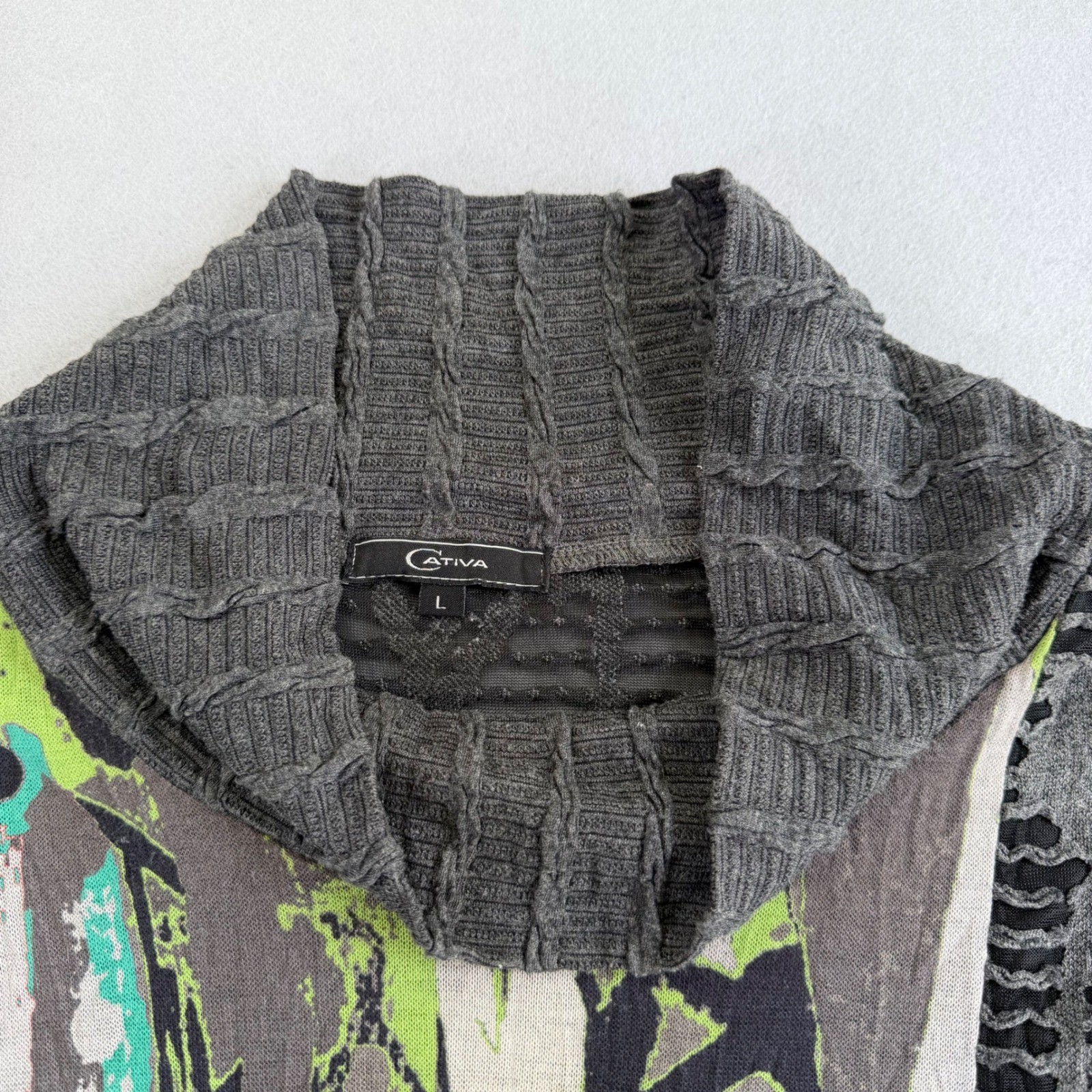 Cativa Womens Abstract Graphic Cowl Neck Top Wearable Art Mixed Media Size L
