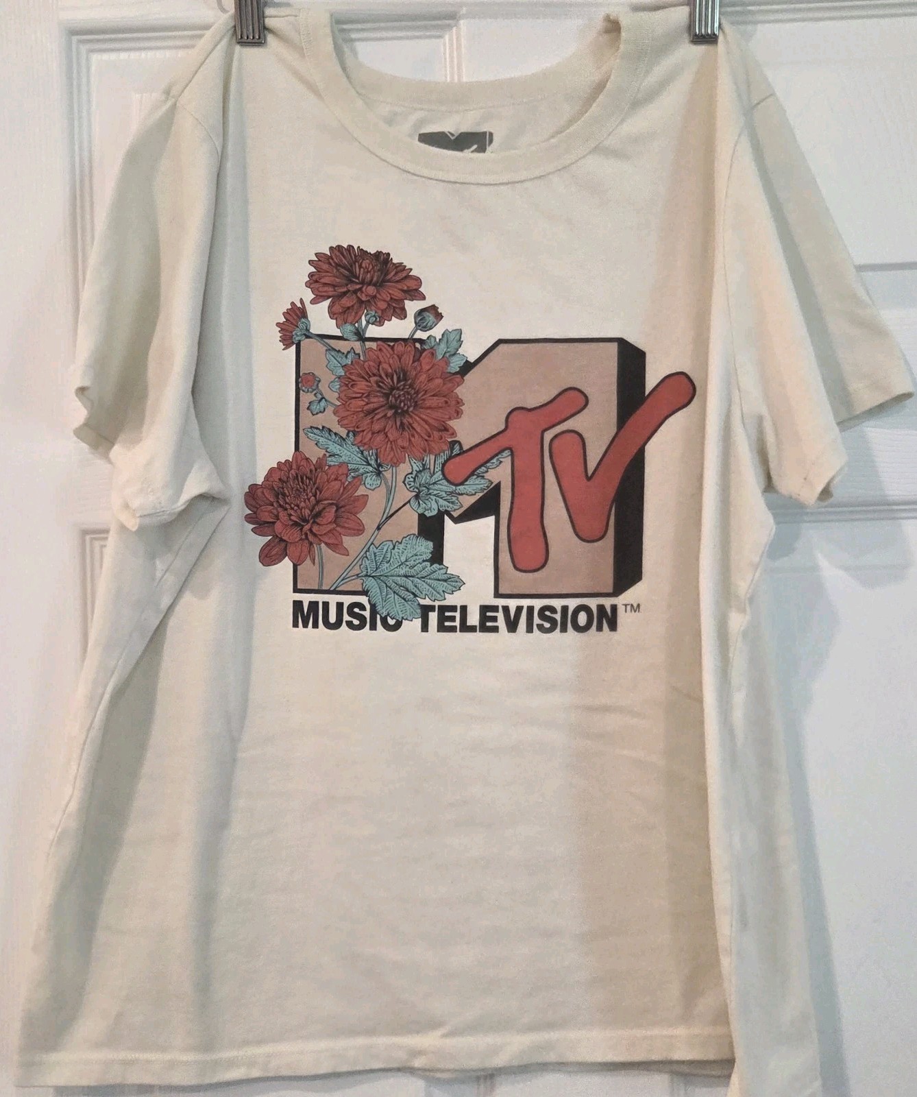 MTV Graphic T-Shirt Womens XXL Off White Floral Short Sleeve Crew Neck Retro