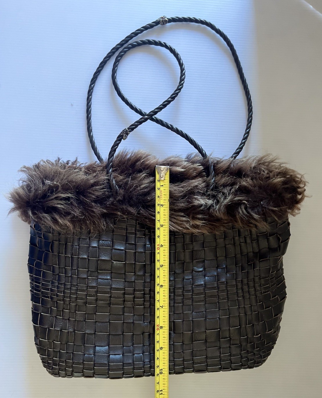 Falor Le Borse Leather Brown Woven Purse w/ Faux Fur Made in Italy SALE!