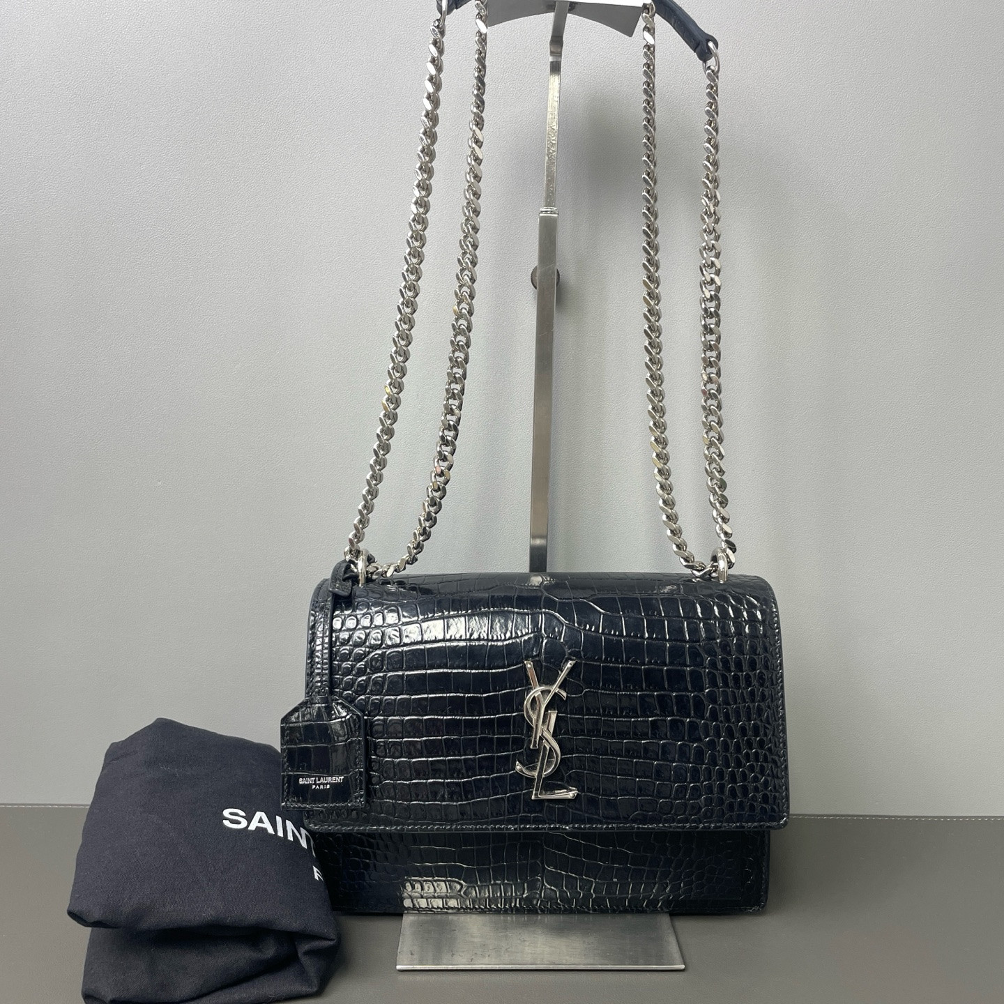 Authentic Saint Laurent Sunset Crocodile Embossed Leather Crossbody Black eBay