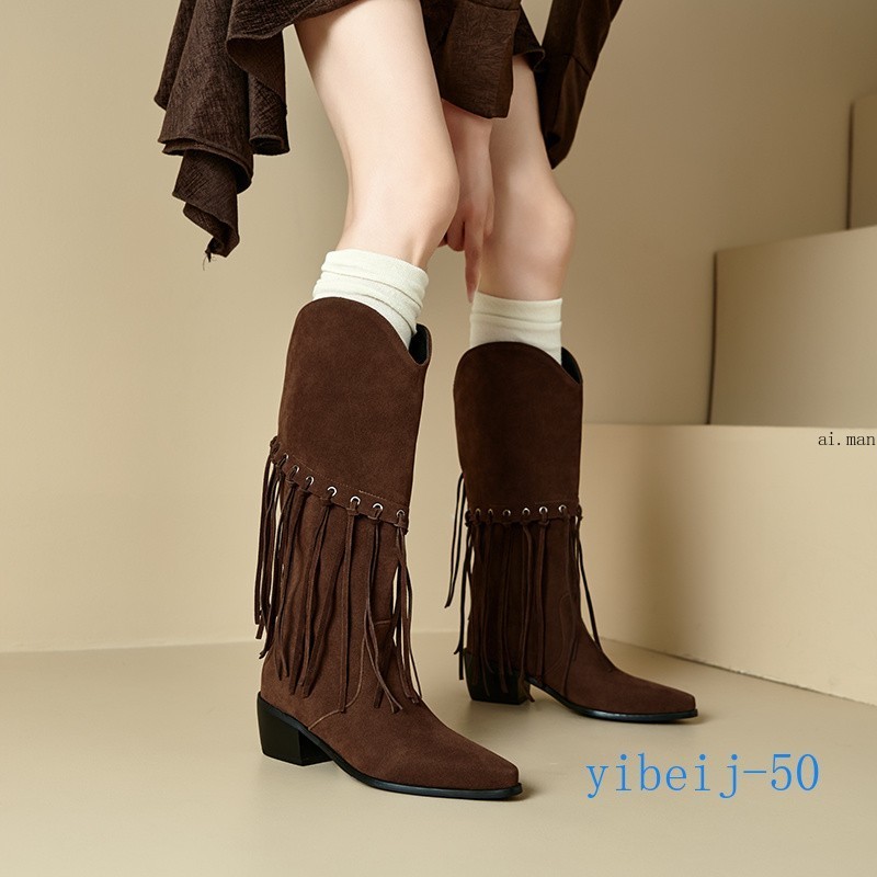 Women Tassel Mid Calf Boot Velvet Western Cowgirl Shoes Dress Formal Fall Winter