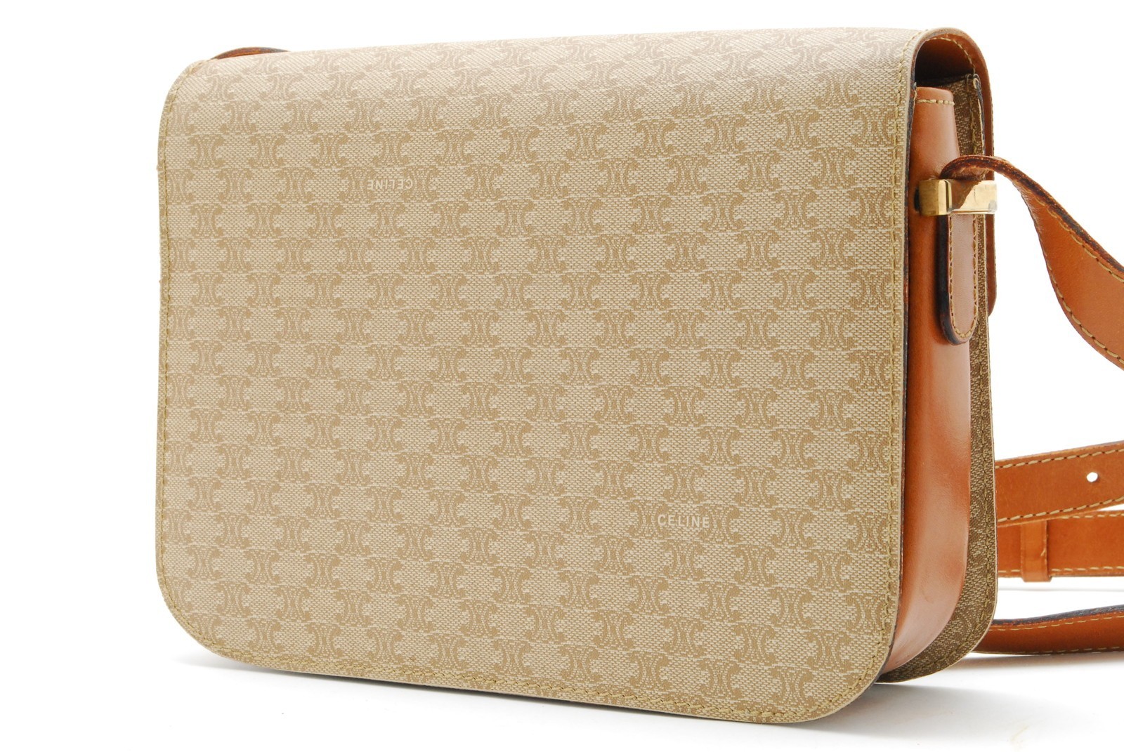 CELINE Shoulder Bag Horse Carriage Macadam PVC Leather Beige Vintage