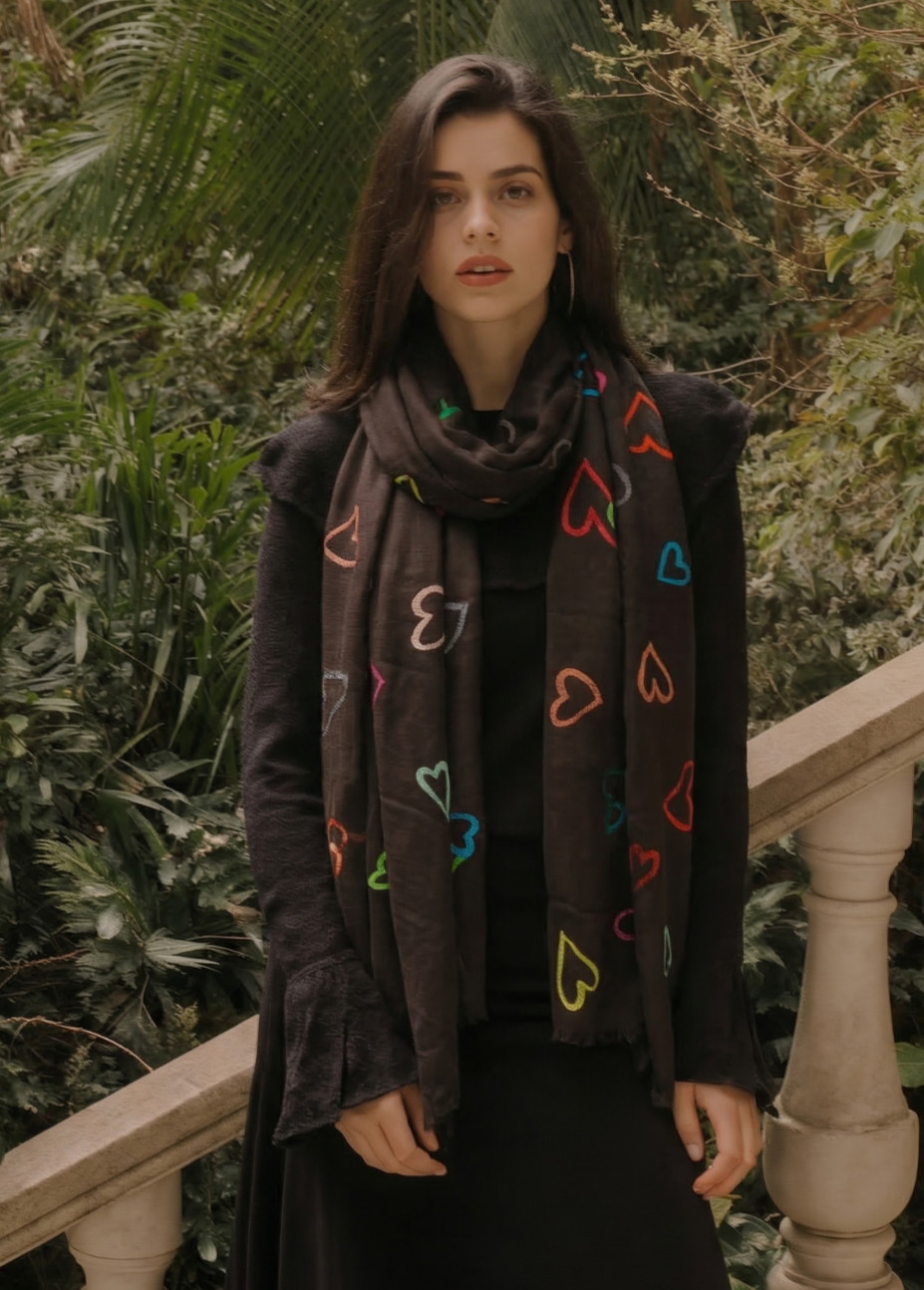 NWT FALIERO SARTI “Cupido” Black w Woven Hearts Cashmere Scarf Italy 26″x69″