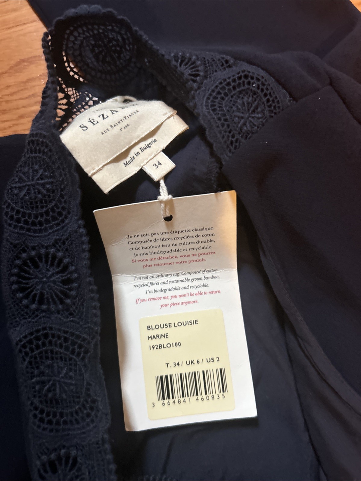 Sezane Navy Blue Blouse With Lace Back