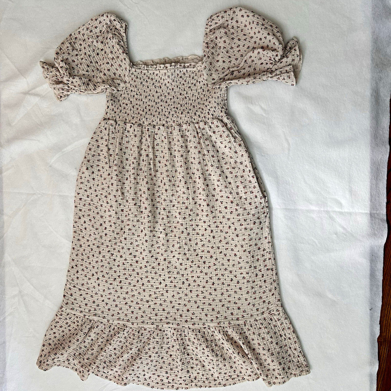 Merci Beige Floral Smocked Seersucker Midi Dress Square Neck Puff Sleeve S