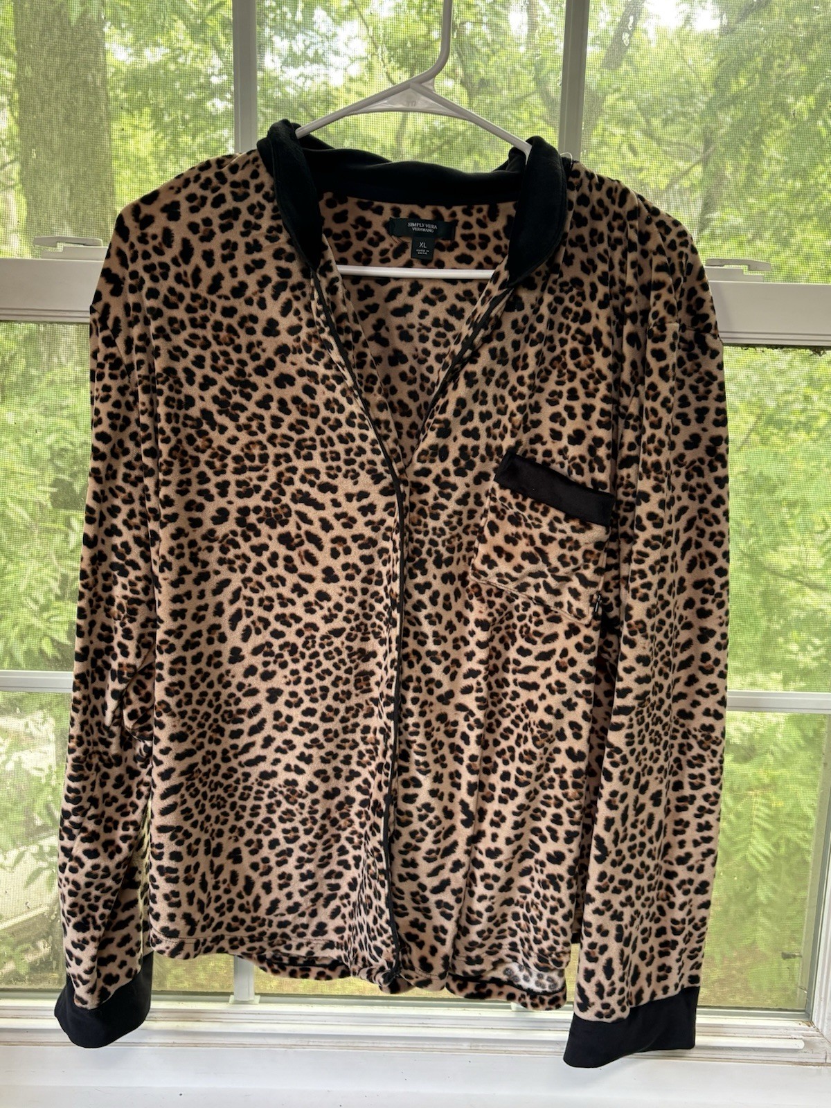 Simply Vera Vera Wang XL Fleece Hooded Pullover V-Neck Leopard Hoodie Brown