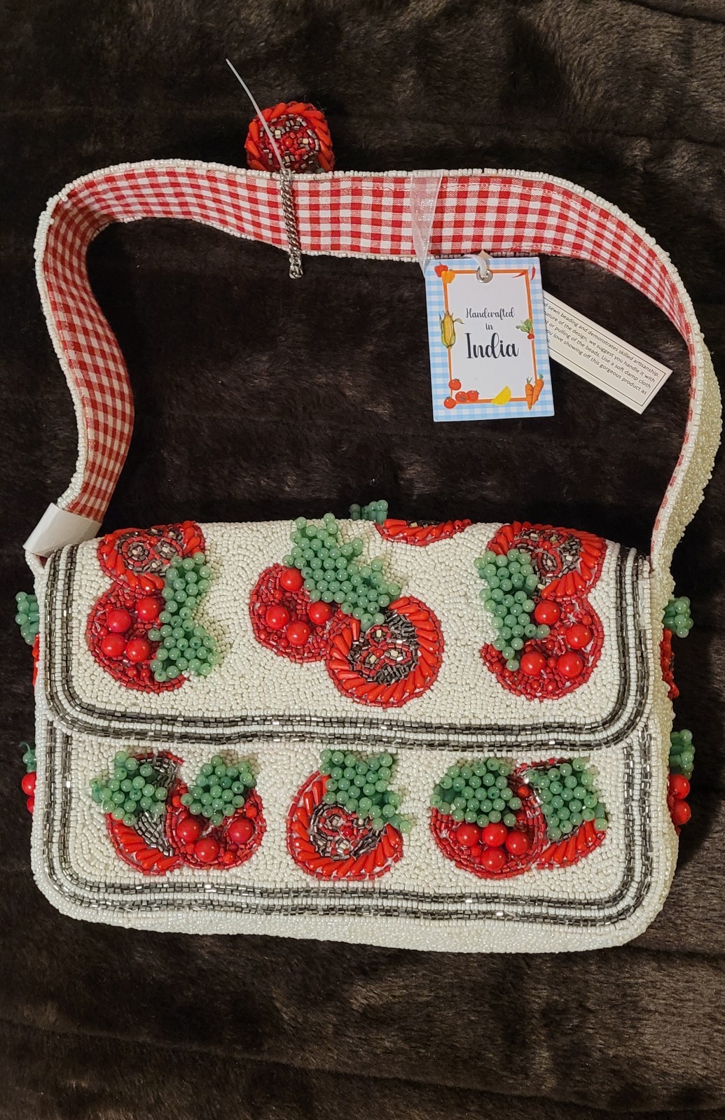 Handmade In India Beaded Tomato Gingham Top Handle Women’s Handbag w/ Charm