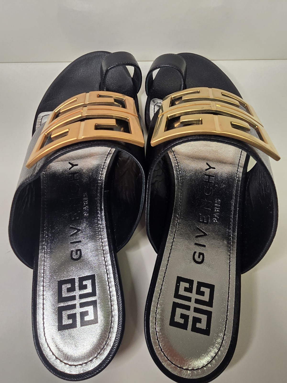 Givenchy 4G Logo Sandals Black Leather Gold Tone Hardware Women’s EU 38