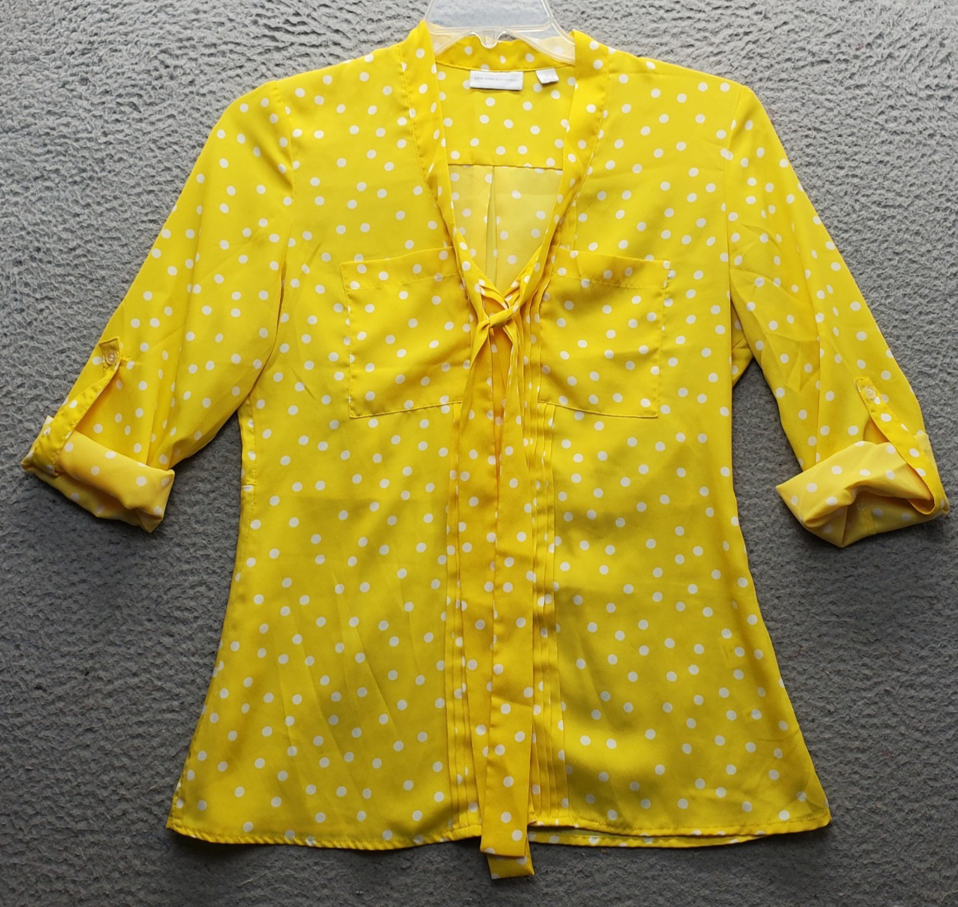 New York & Company Blouse Top Womens Medium Yellow Polka Dot Ruffle Button Front