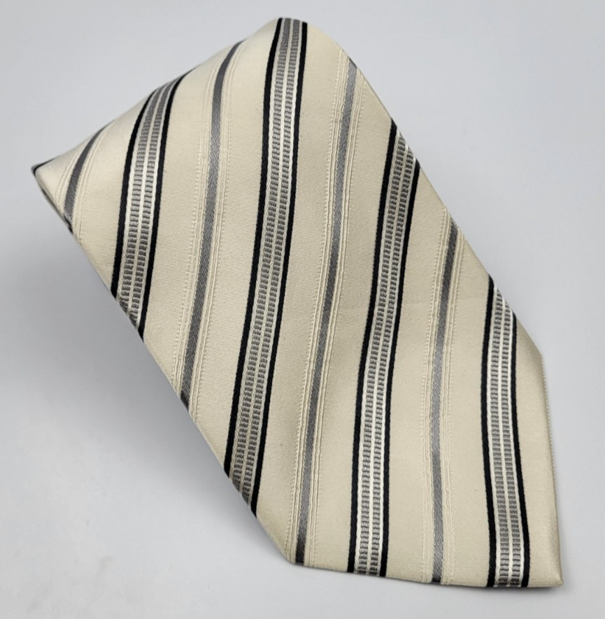 Geoffrey Beene Silk Tie Beige White Black Gray Silver Stripes Necktie 58 x 3.5