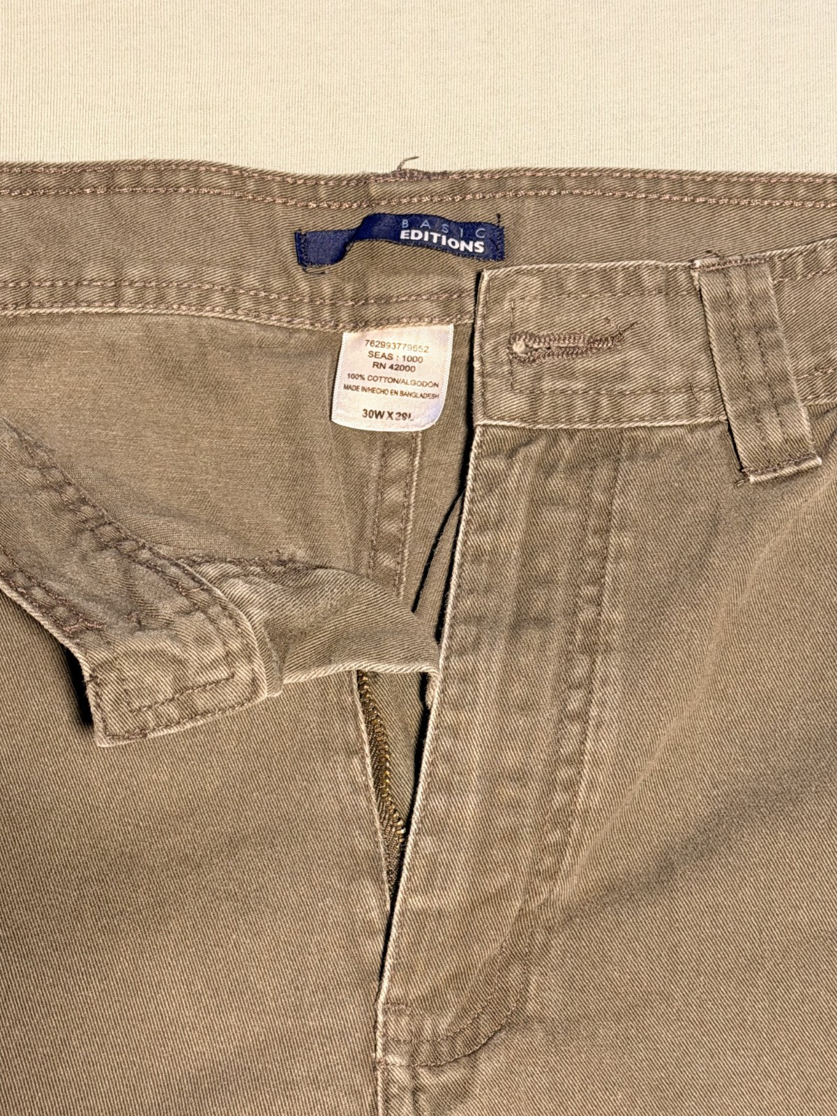 Basic Editions 30Wx29L Olive Green Cargo Pants Mens Casual Vintage Style