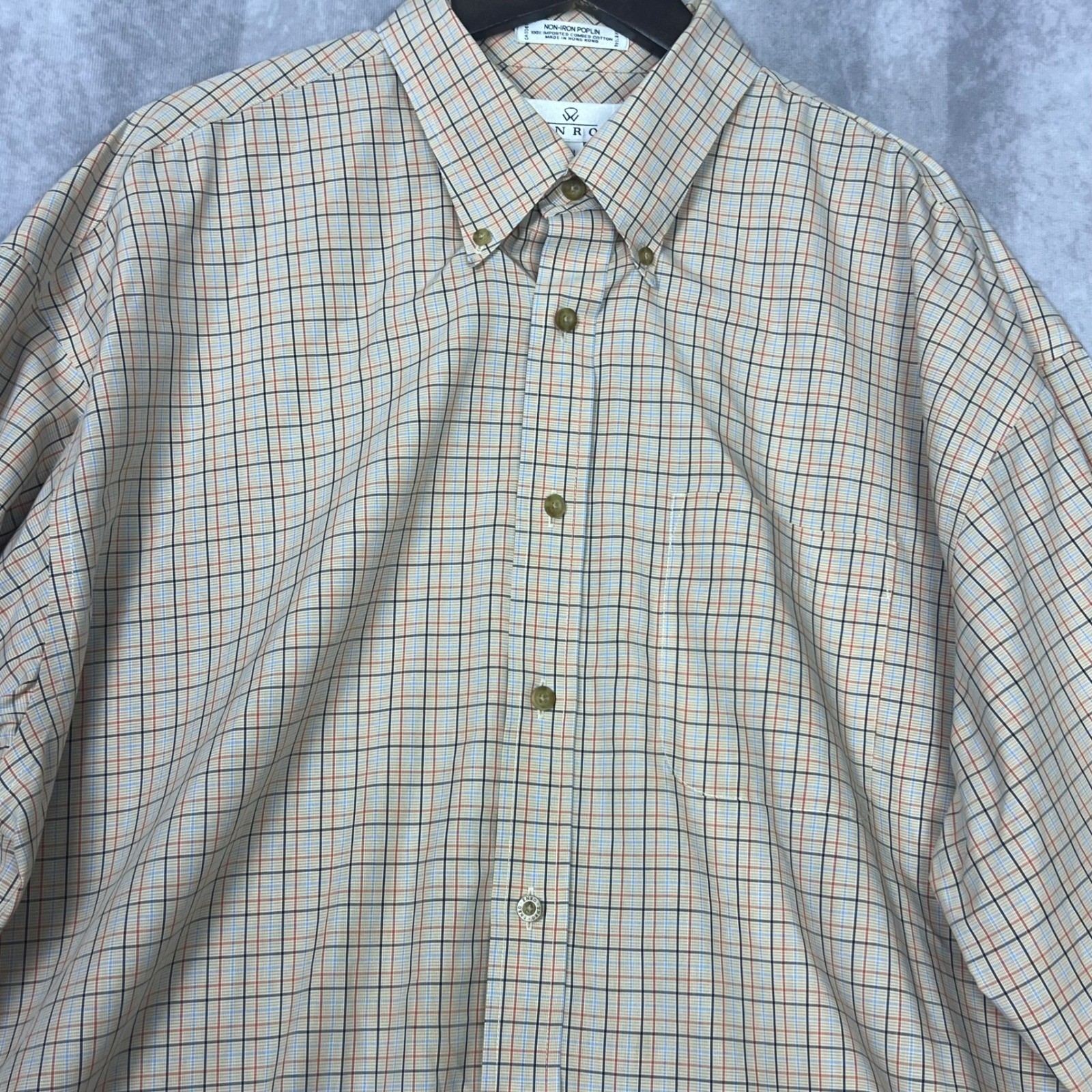 Enro Mens XXL Non-Iron Poplin Button Down Shirt Plaid Combed Cotton Tan Blue