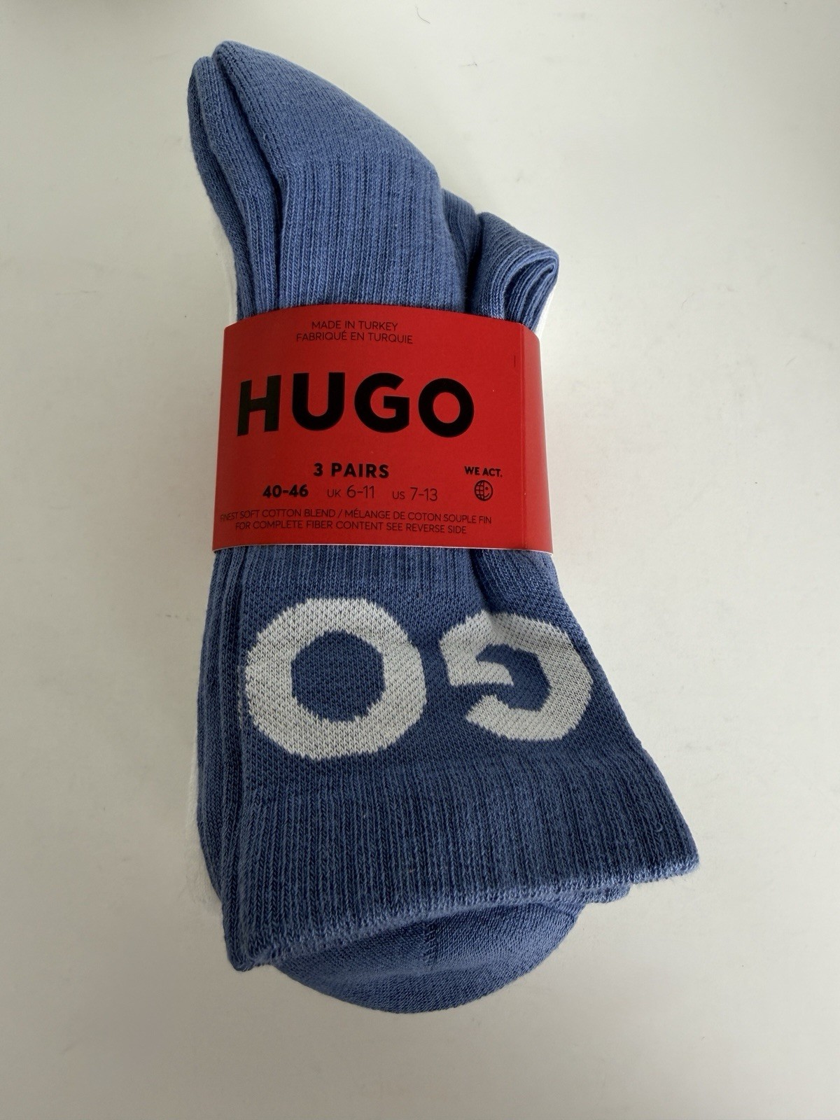 Hugo Boss Mens 3 Pack Bold Logo Ribbed Cotton Socks White Blue US 7-13 EU 40-46