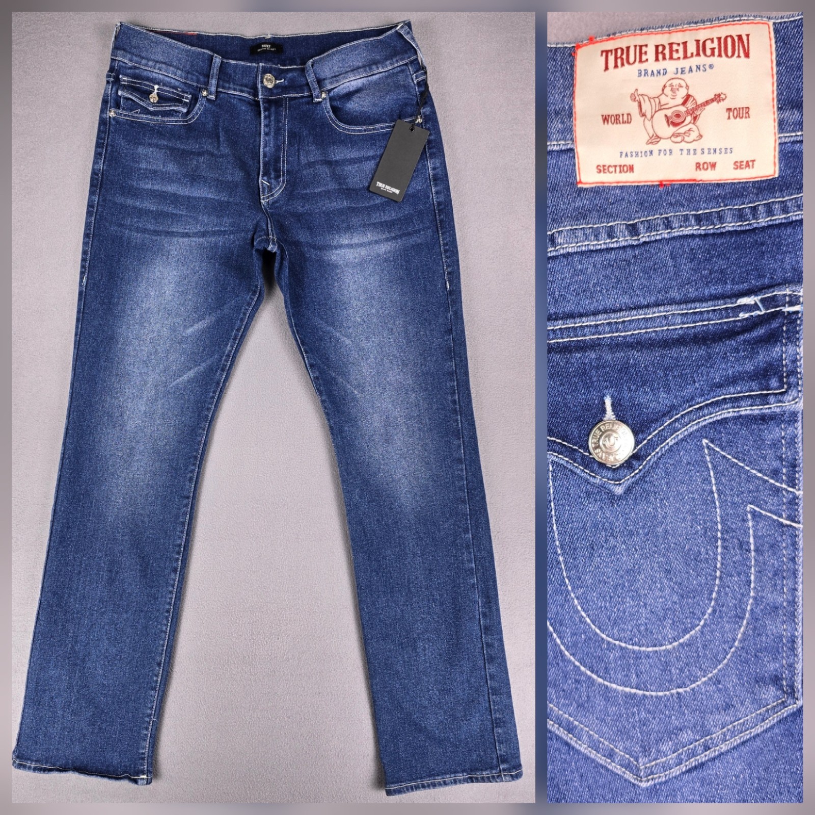 New True Religion Ricky Jeans Men 33 Flap Pocket Relaxed Straight Pants Flake