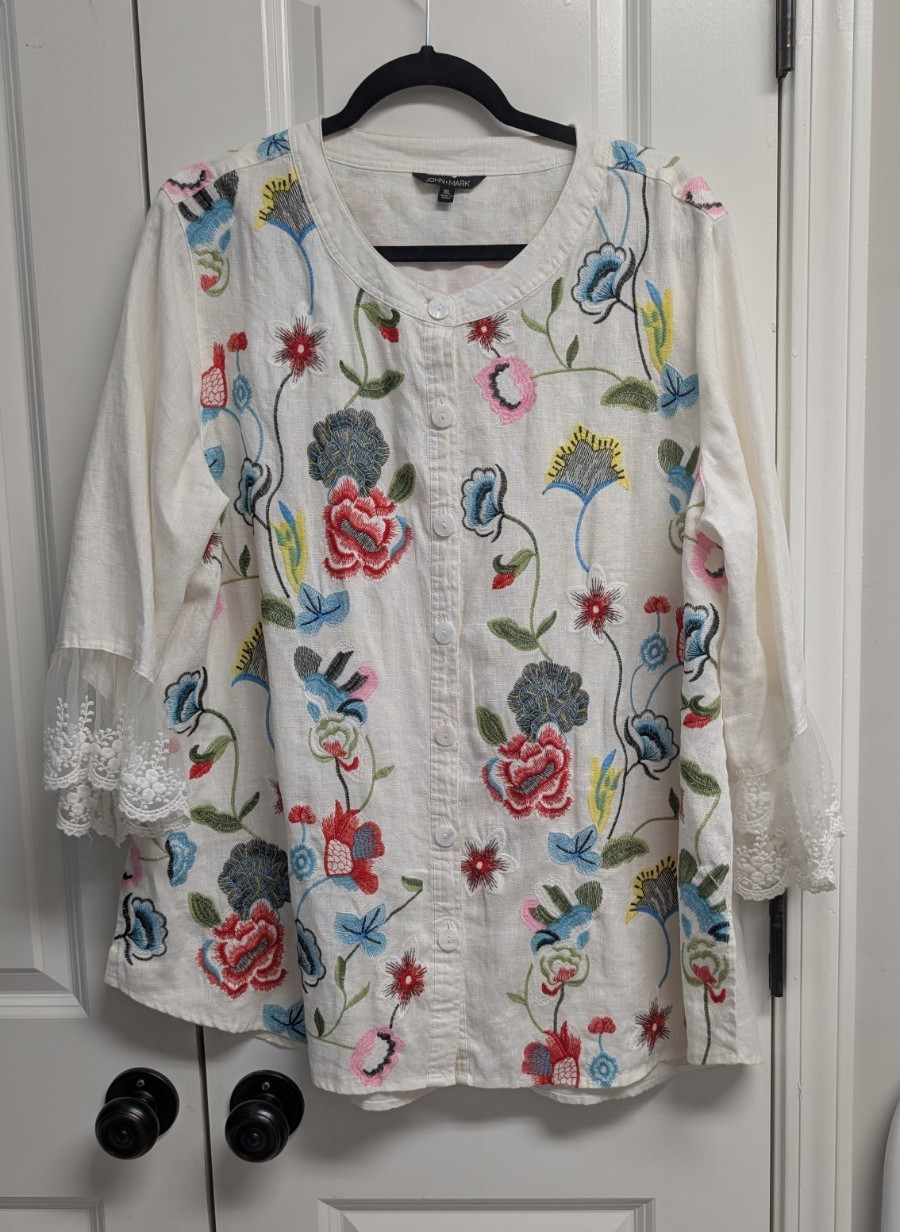John Mark Women’s White Multicolor Floral Embroidered Lace V-Neck Blouse XL