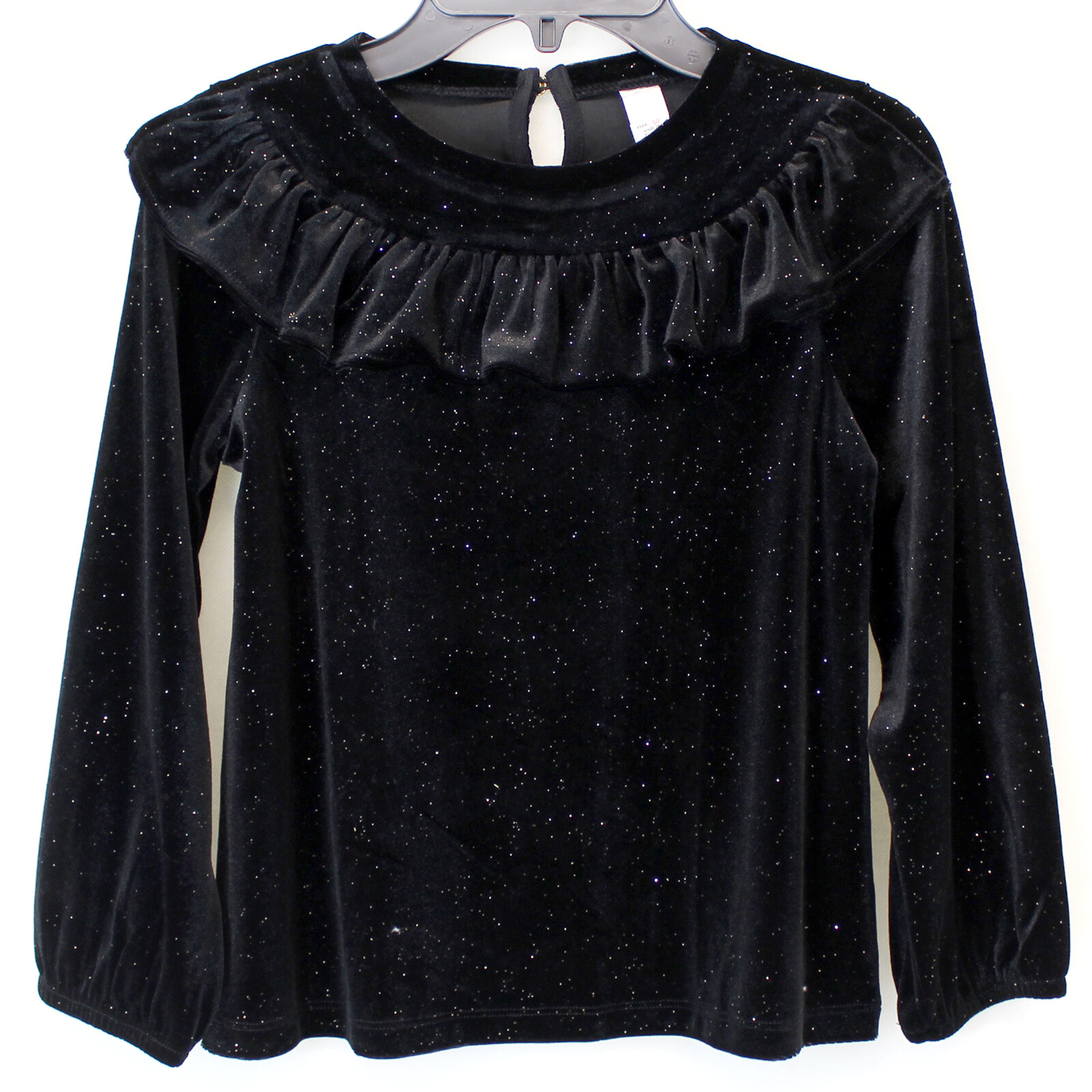 J.Crew Crewcuts Girls BLACK Sparkly Velvet Ruffle Neck Long Sleeve Top Size 6-7