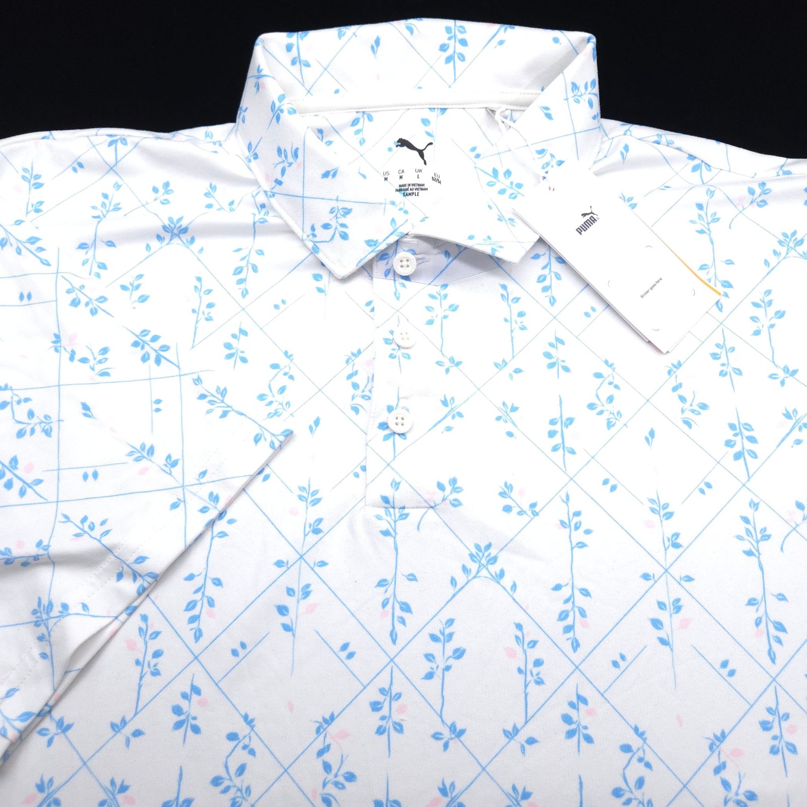 Puma Golf Polo Shirt -M White Blue Pink Floral Diamond Golf Performance STRETCH