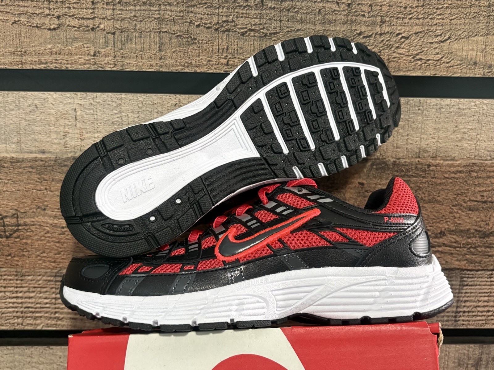 Nike P-6000 GS Red Black Boys Athletic Sneakers 4.5Y Lace Up Mesh Low Top