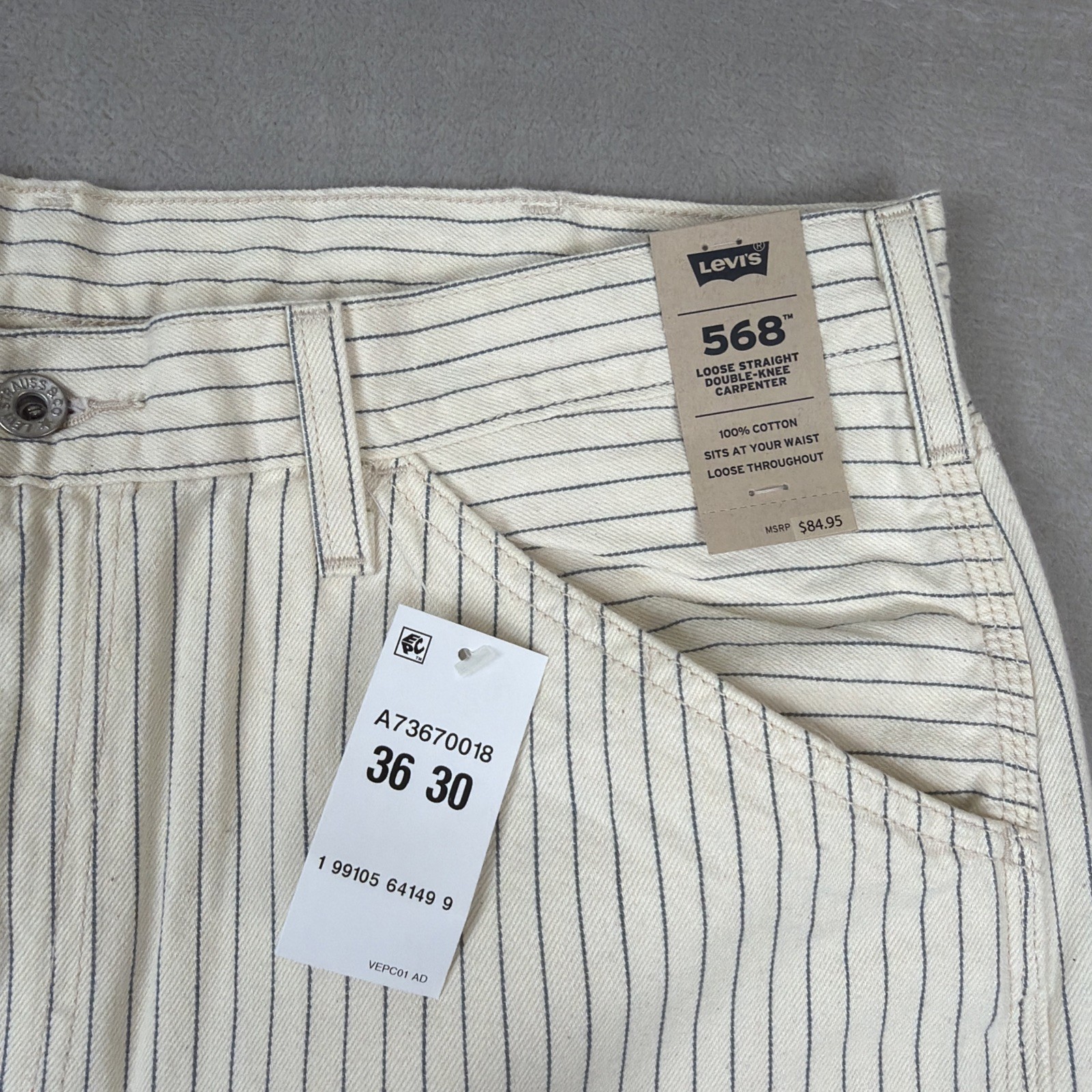Levi’s 568 Carpenter Jeans Men’s Size 36×30 Hickory Stripe Workwear Loose Fit