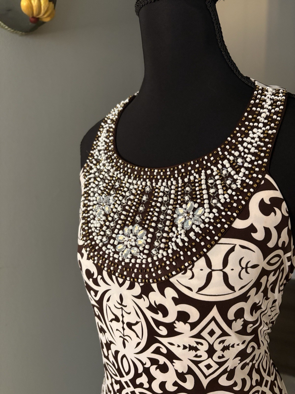 INC Brown And White Beaded Collar Lightweight Damask Sheath Dress
