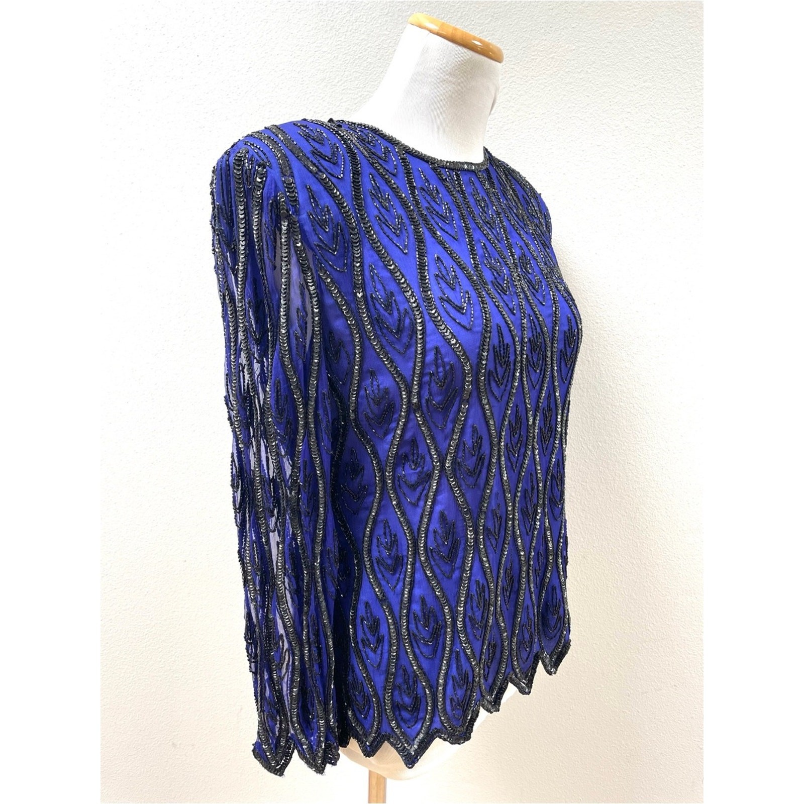 80s 90s Vintage Stenay Beaded Silk Blue Long-Sleeve Evening Top Women’s Medium P