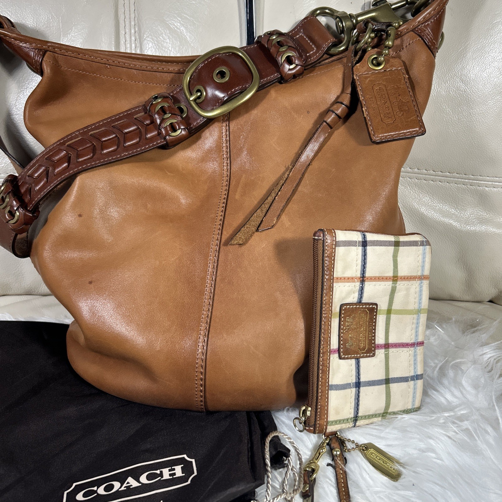 Vintage Coach Bag Bleecker 11423 Wristlet Whiskey Tattersall Duffle Dust Bag!