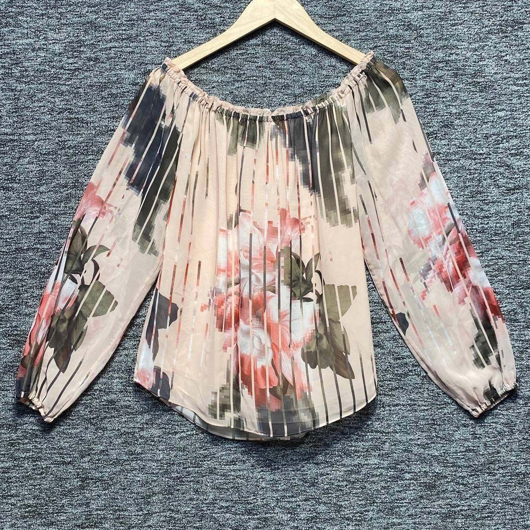 WHBM Off Shoulder Blouse Women XS Pink Floral Romantic Ethereal Boho Chiffon Top