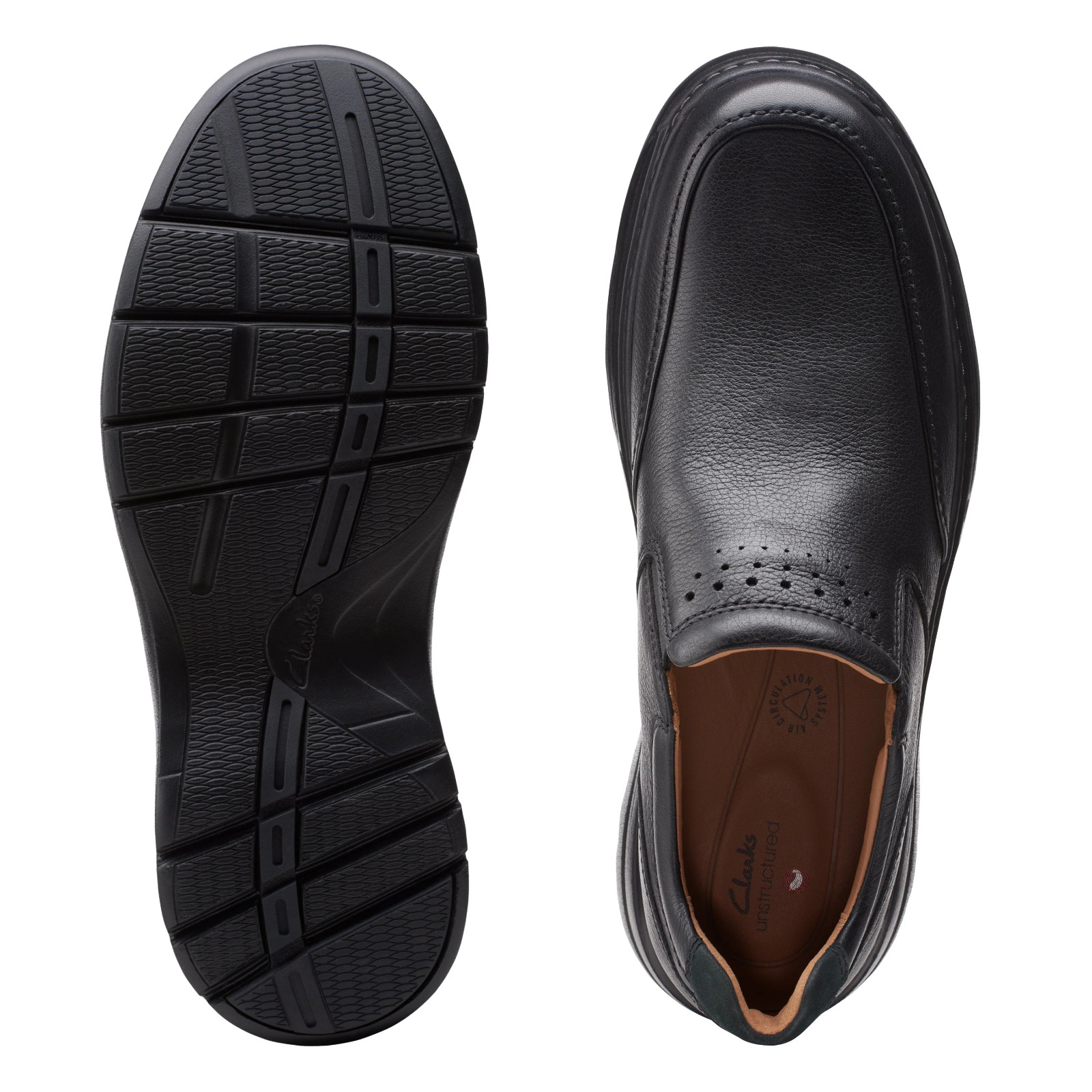 Mens Clarks Un BrawleyStep Slip Ons – Black Leather, Size 7 Medium [26151788]