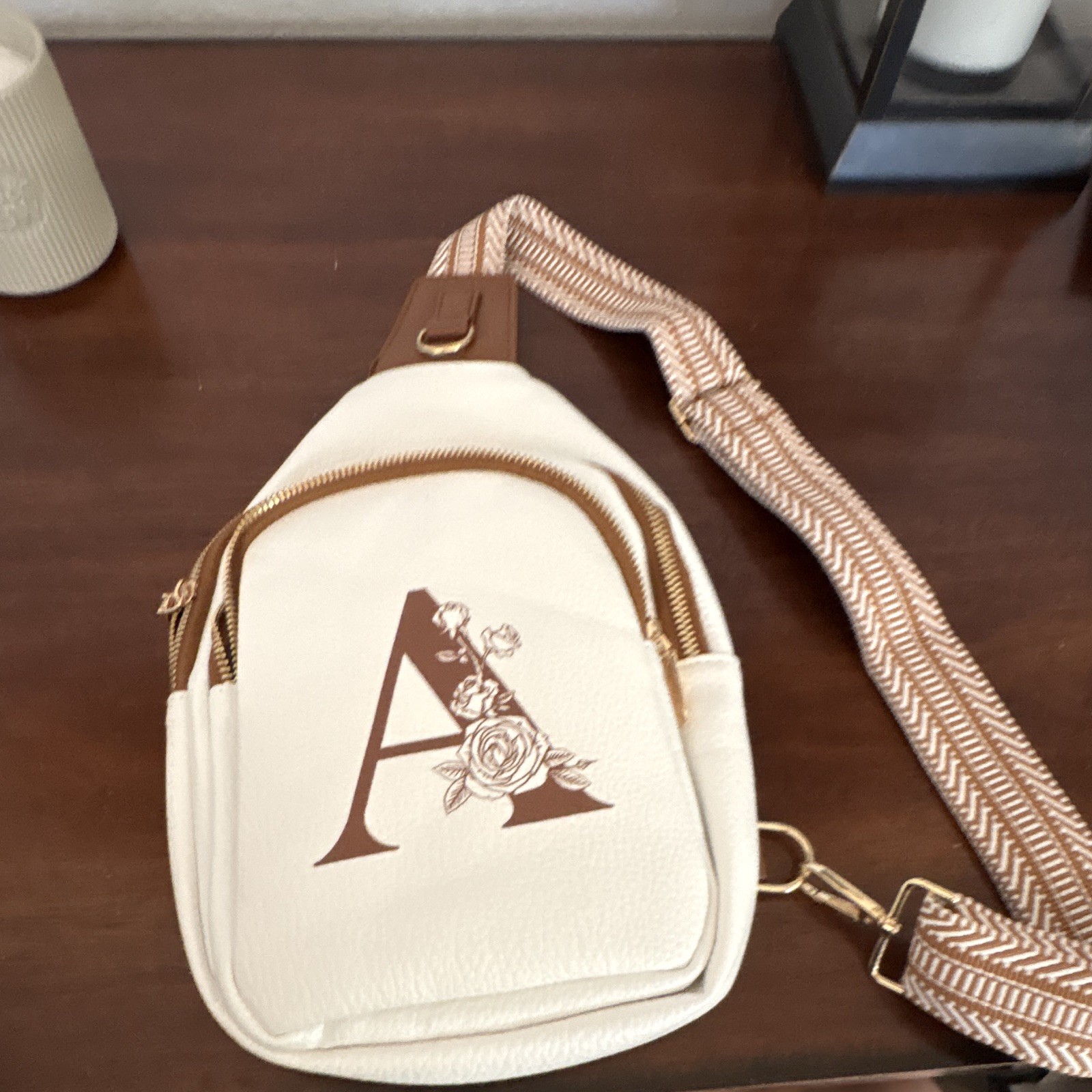 LIZZNOE White Pebbled Sling Crossbody Bag Gold Zip Brown Strap Initial A