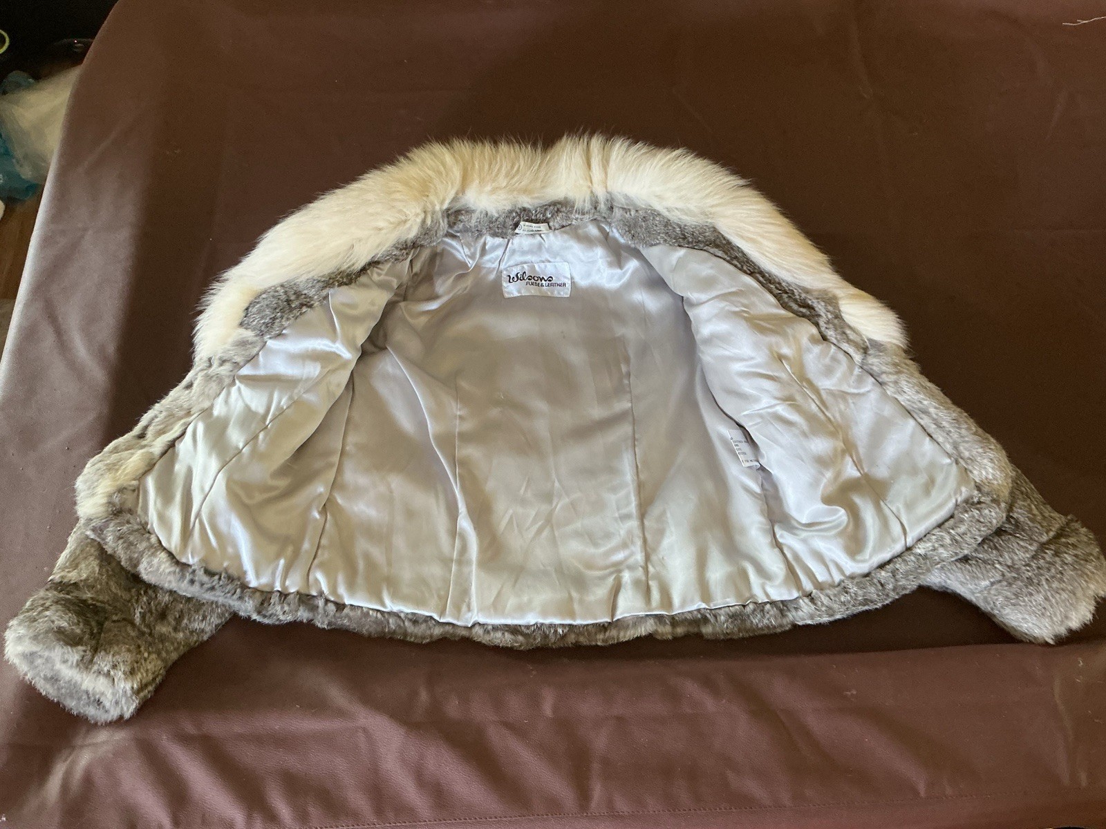Wilsons Suede & Leather Gray Rabbit Fur Jacket Fox Fur Collar Lined S