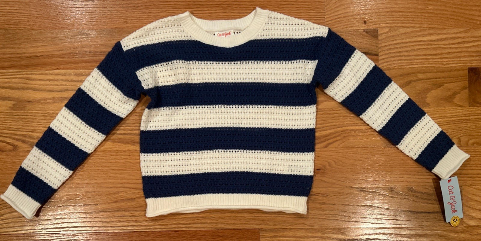 Cat & Jack Crochet Navy & Cream Stripe Long Sleeve Summer Sweater Size 6/7