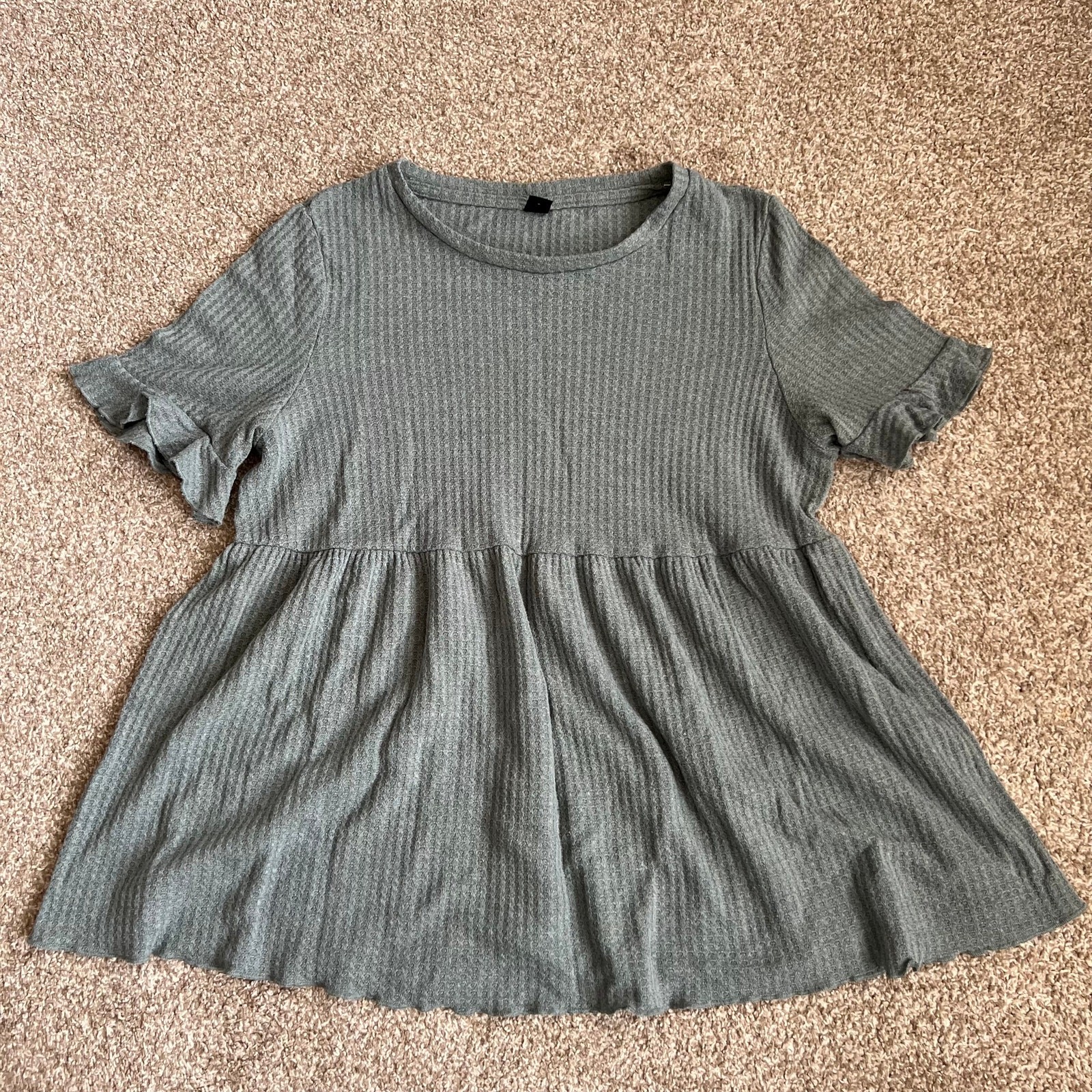 SHEIN Waffle Knit Babydoll Top Womens Large Gray Ruffle Fisherman Cottagecore