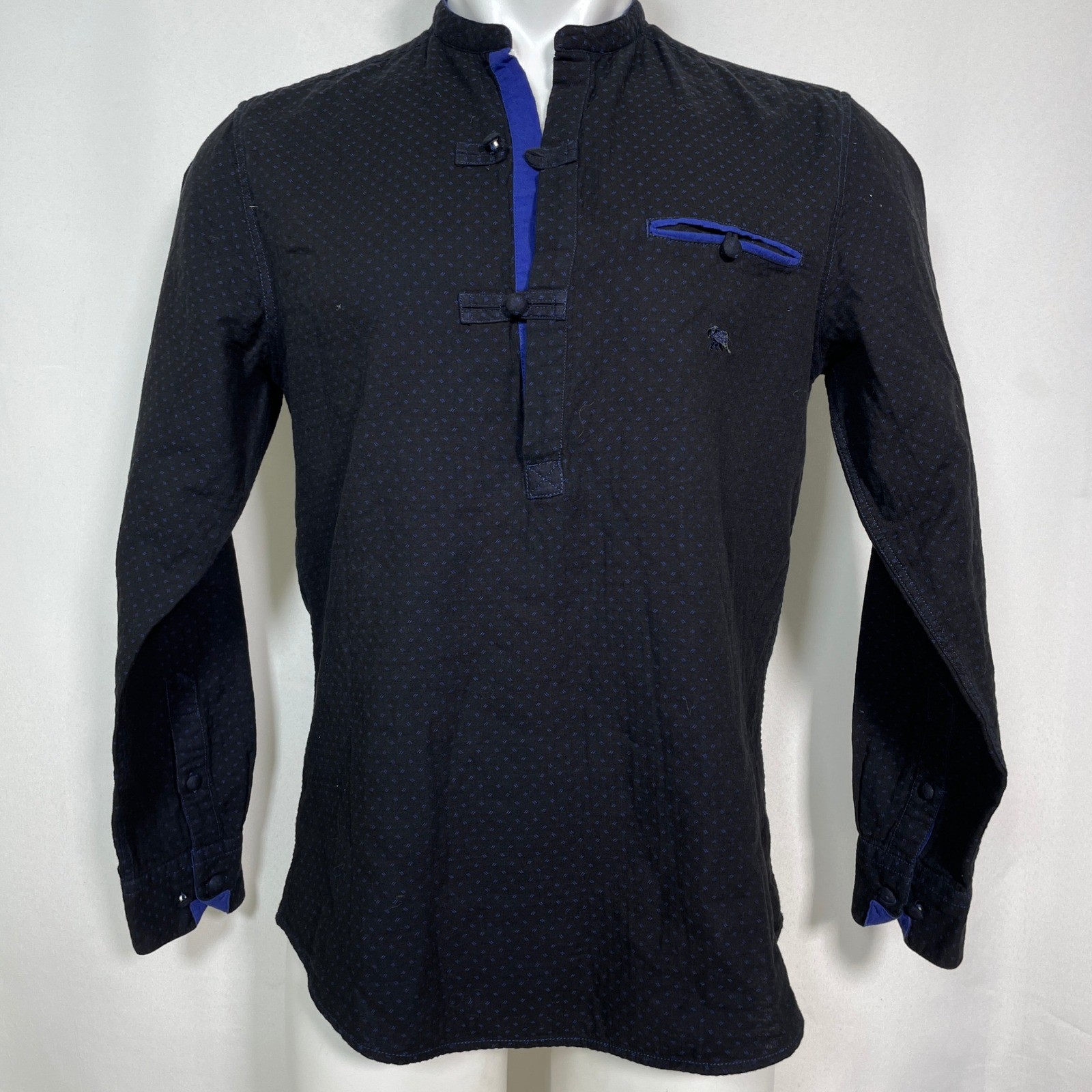 Andamen Slim Black Blue Mandarin Collar Toggle Button Henley Shirt Men’s MEDIUM